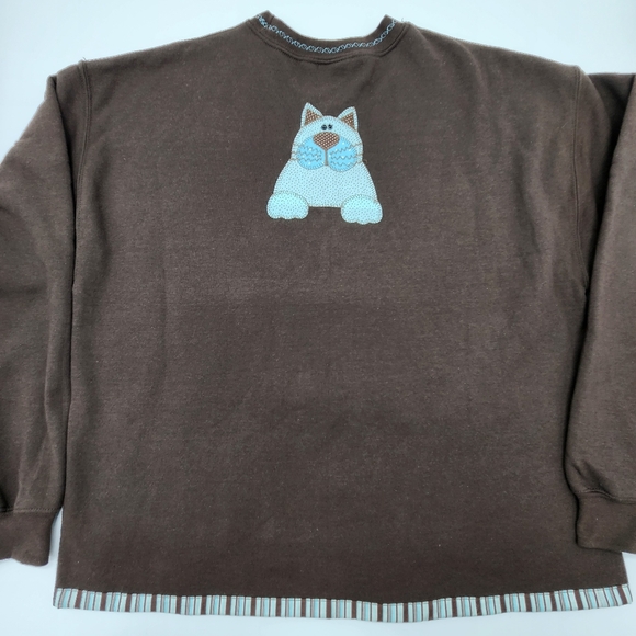 Handmade Appliqued Cat Full Zip Sweatshirt Size Large Color Brown & Blue - Picture 9 of 10